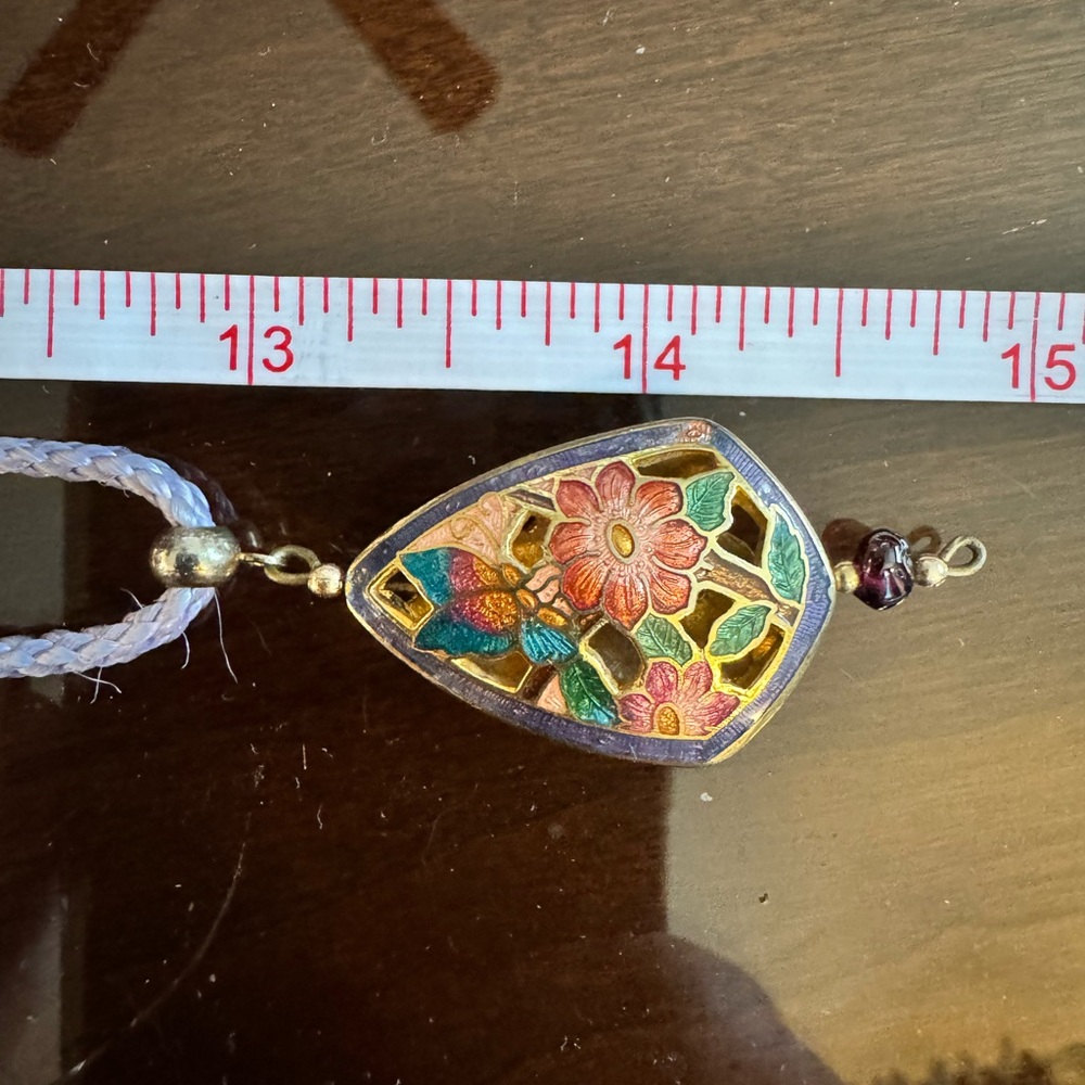 Floral Butterfly Cloisonnne Pendant Necklace with Purple Cord - Picture 5 of 8